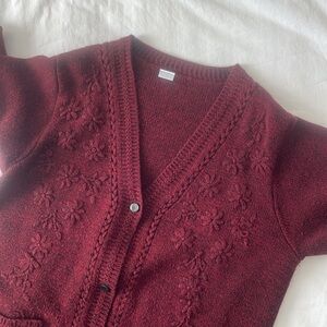 Burgundy Red Knit Cardigan with Embroidered Flowers